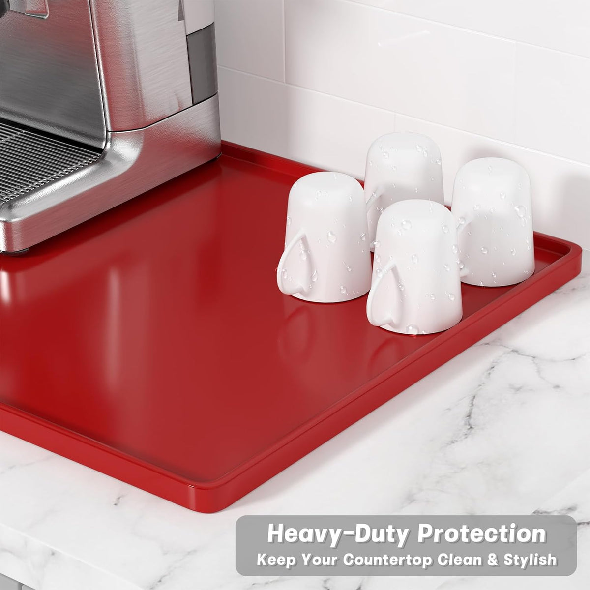 Rnivvi Silicone Coffee Mat, 12" x 19" Waterproof Raised Edge Coffee Bar Mats for Espresso Machine Station Accessories, Heat Resistant Dish Drying Pad for Kitchen Counter, Rubber Bar Decor Pad, Red