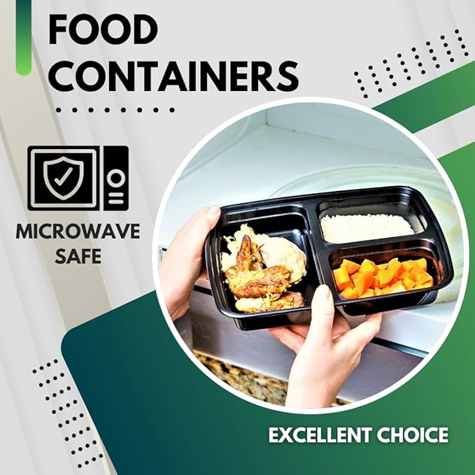 Green Direct 3 Compartment Meal Prep Containers With Lids, Disposable Plastic Lunch Food Storage Containers, To Go Take Out Freezer & Microwave Safe For Leftover, Bento Box Pack of 10