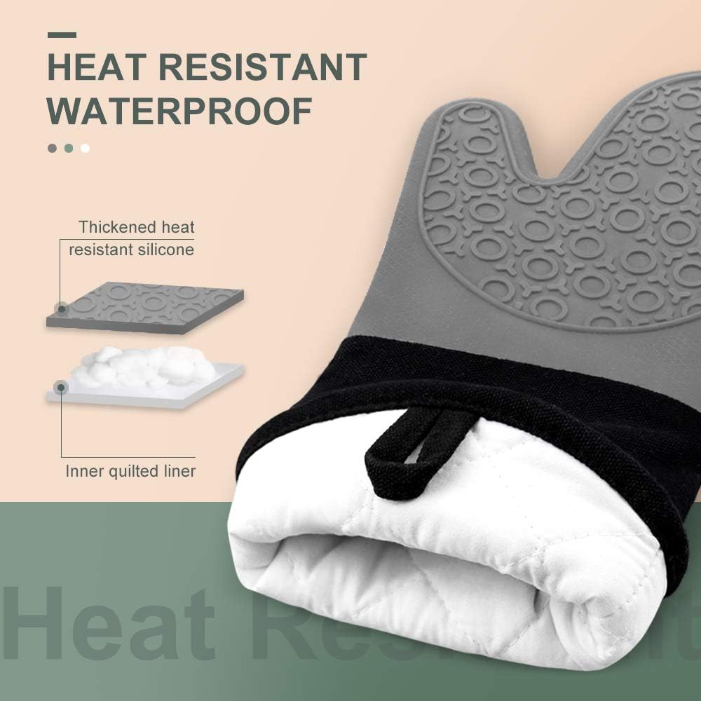 sungwoo Extra Long Silicone Oven Mitts, Heat Resistant Oven Gloves with Quilted Liner Non-Slip Textured Grip Perfect for BBQ, Baking, Cooking and Grilling - 1 Pair 14.6 Inch Grey & Black