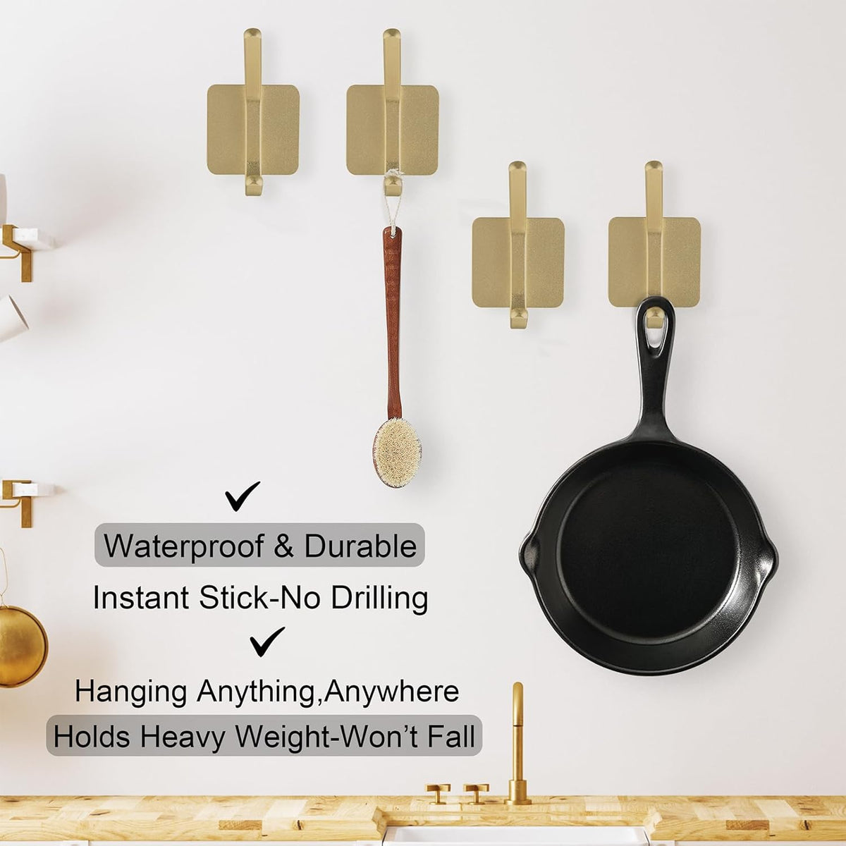 Aluminum Wall Hooks, No Drill Damage-Free Adhesive Hook, Product for Hanging Heavy Duty for Bathroom Kitchen Home (Double Square Gold Hook, 4)