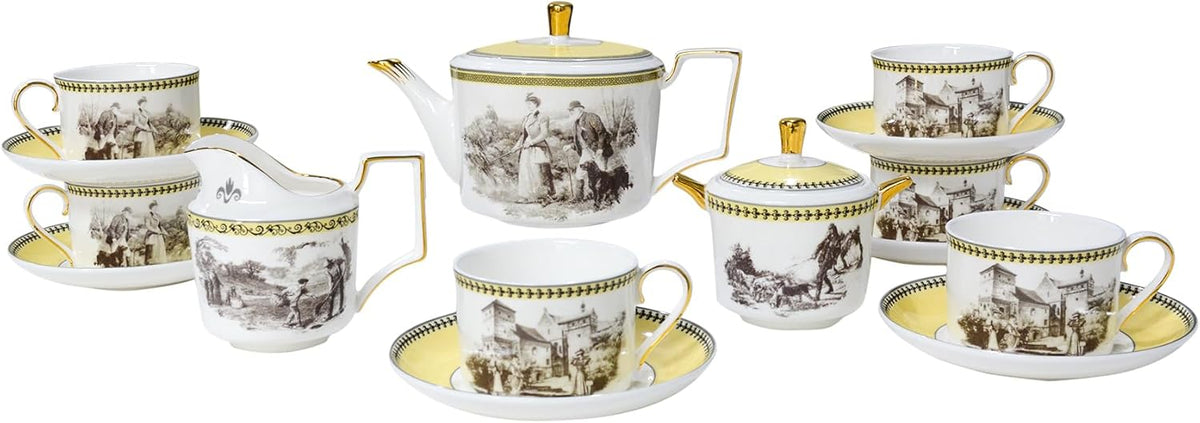 ACMLIFE Tea Set for Adults- Fine China Tea Set for 6, 21-Piece Vintage Coffee Set English Porcelain Tea Pot Sets for Adult Tea Party for Women Gift (Yellow, Extra Large 21)