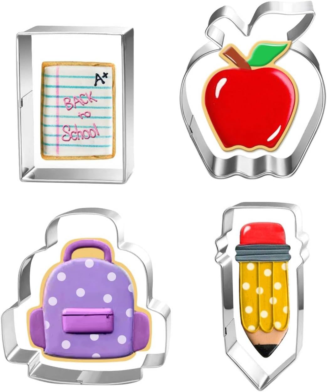 Back to School Cookie Cutter Set-4 Piece-Bag, Book, Apple, Pencil Fondant Biscui Cutters