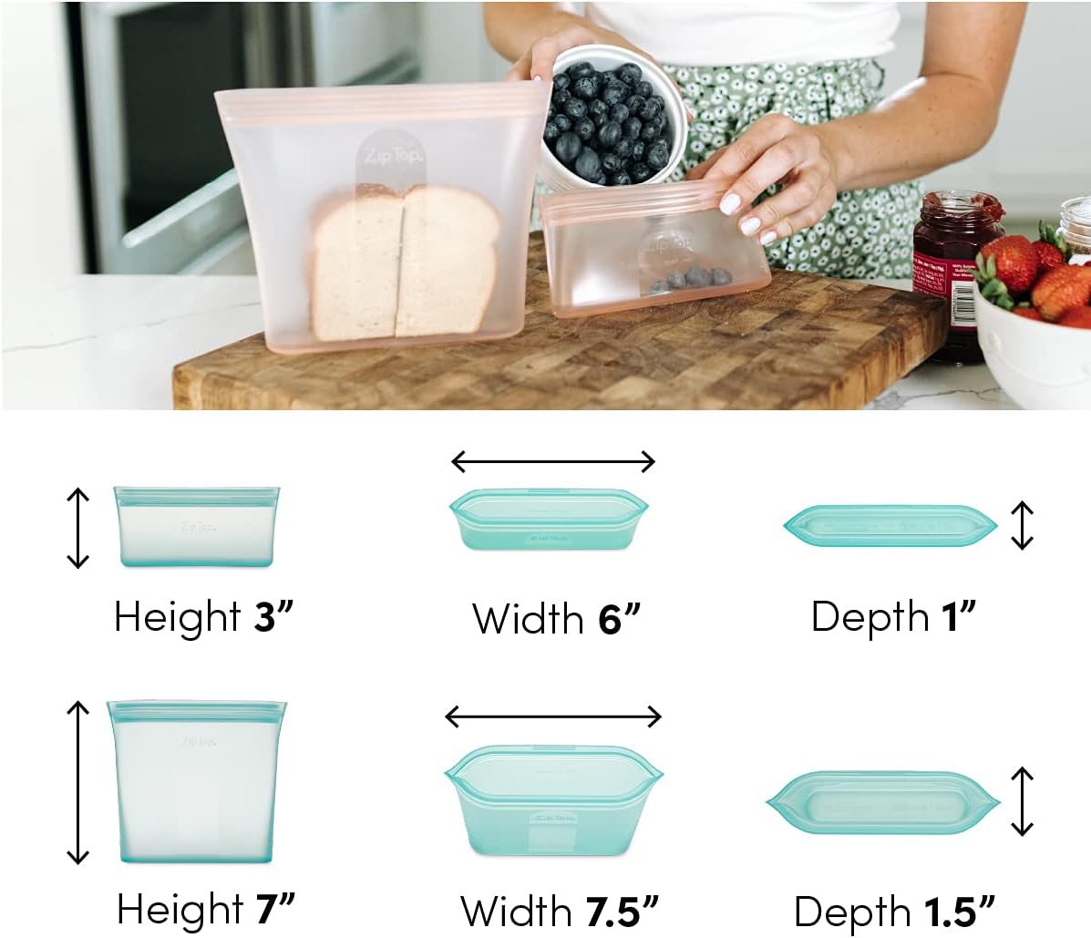 Zip Top Reusable Food Storage Bags | 2 Bag Set [Gray] | Silicone Meal Prep Container | Microwave, Dishwasher and Freezer Safe | Made in the USA