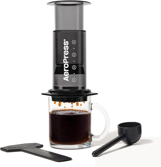 AeroPress Clear Black Coffee Press - All-in-One French Press, Pour-Over & Espresso Style Manual Brewer, 2 Min Brew for Less Bitterness, More Flavor, Small Portable Coffee Maker, Travel & Camping