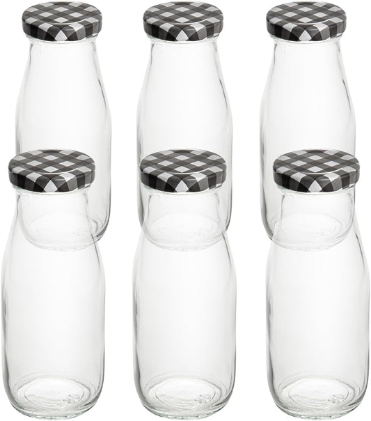 Restaurantware French Countryside 11 Ounce Glass Bottles 10 Durable Juice Bottles - With Black Plaid Lid Dishwashable Clear Glass Countryside Bottles For Hot And Cold Beverages