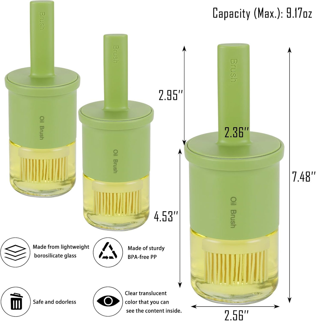 3 Pack Glass Oil Dispenser With Brush - 300ml/10oz Kitchen Cooking Bottle for Oil, BBQ Sauce, Vinegar - Green Basting Bottle With Silicone Brush