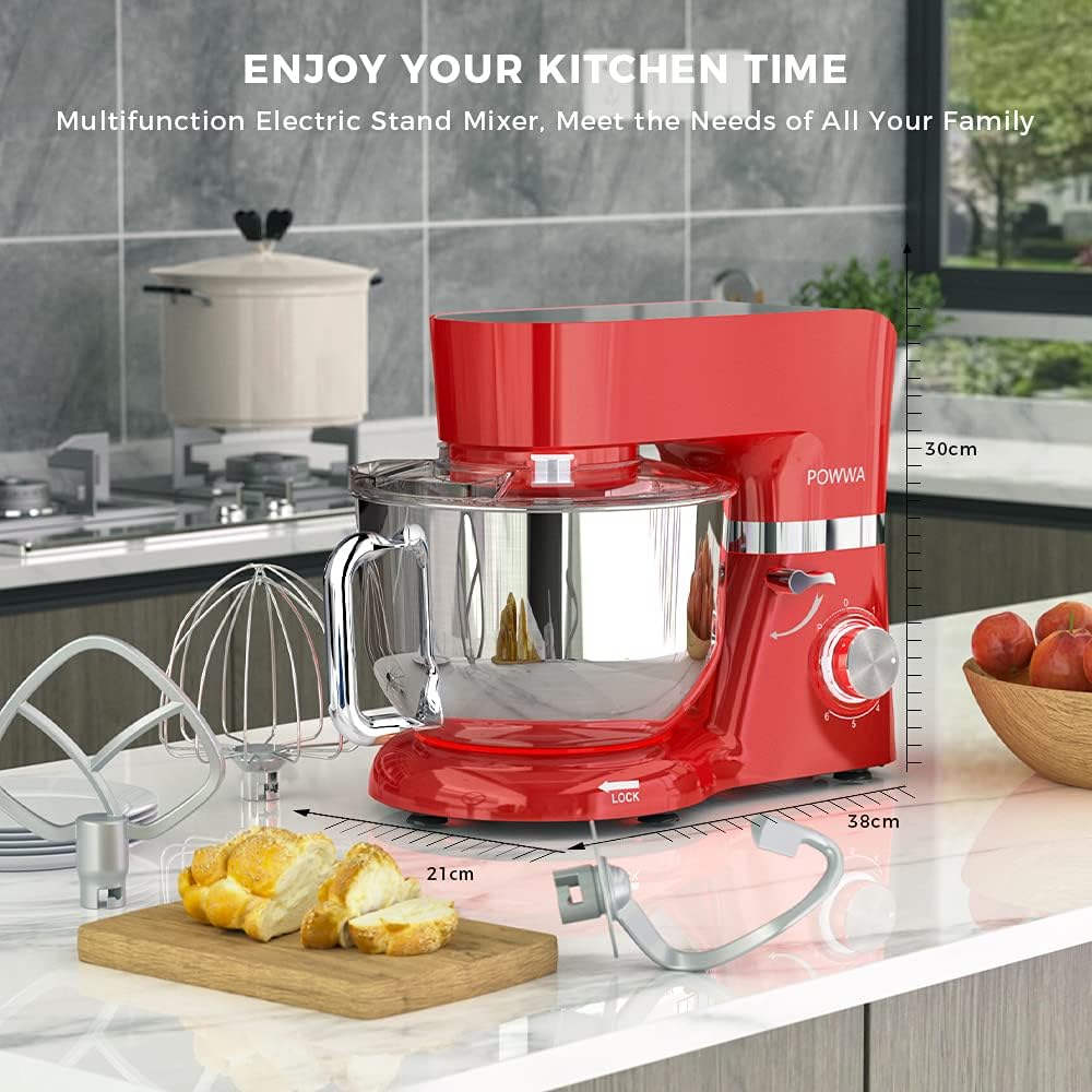 Stand Mixer, POWWA 7.5 QT Electric Mixer, 6+P Speed 660W Household Tilt-Head Kitchen Food Mixers with Whisk, Dough Hook, Mixing Beater & Splash Guard for Baking, Cake, Cookie, Kneading (Red)