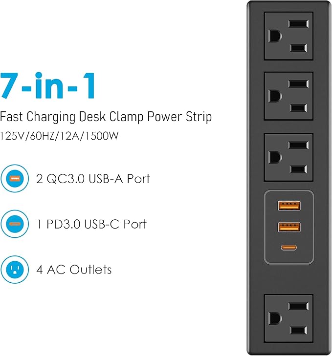 CCCEI Desk Clamp Power Strip with 45W USB-C Ports, Desktop Mount Surge Protector 1200J, Widely Spaced Desk Outlet Station, Fast Charging, 6 FT Flat Plug, Fit 1.9 inch Tabletop Edge.