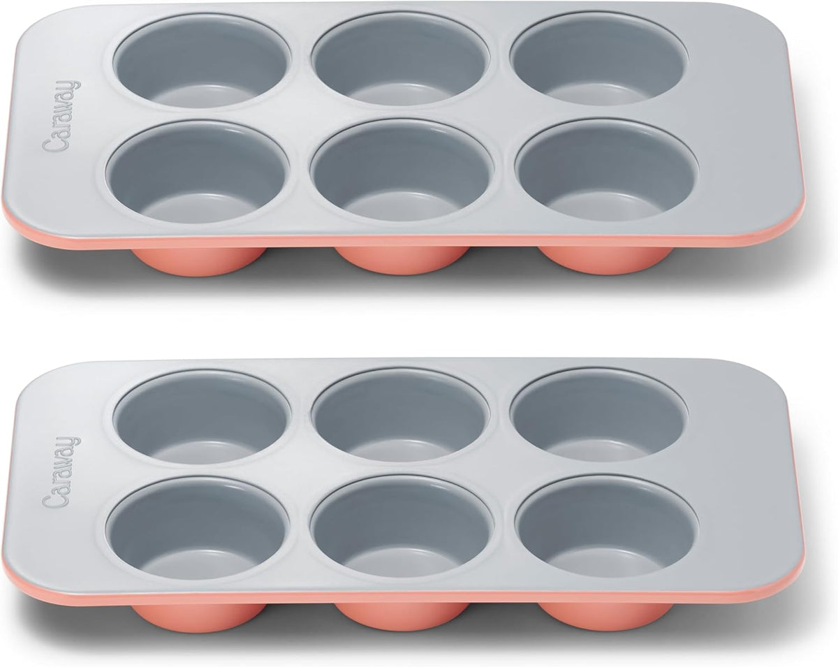 Caraway Nonstick Ceramic 6 Cup Muffin Pan Duo – Non-Toxic, PTFE & PFOA Free – Oven Safe – Aluminized Steel Core – Small Muffin Pan for Baking Cupcakes, Muffins & More - Perracotta