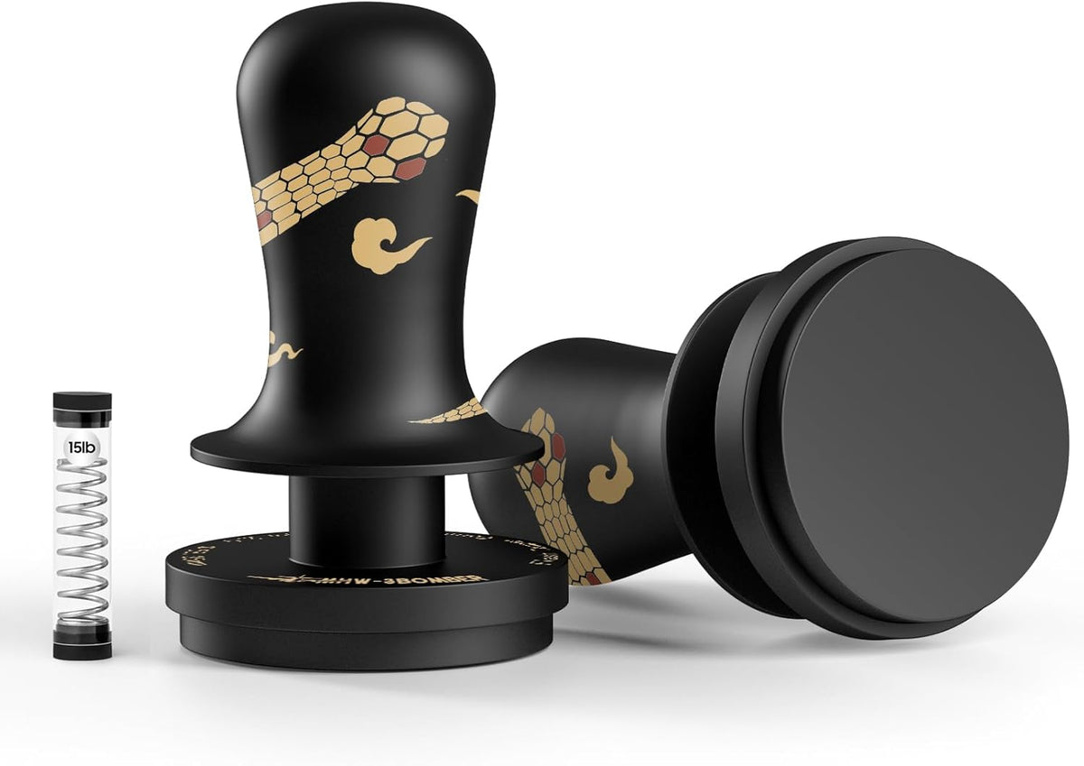 MHW-3BOMBER 58.35mm Espresso Tamper New Year Edition Snake Pattern - 3 Spring Loaded Coffee Tamper with Sound Feedback - Barista Tamper Tool with Ergonomic Handle Flat Base T6069FS-OS