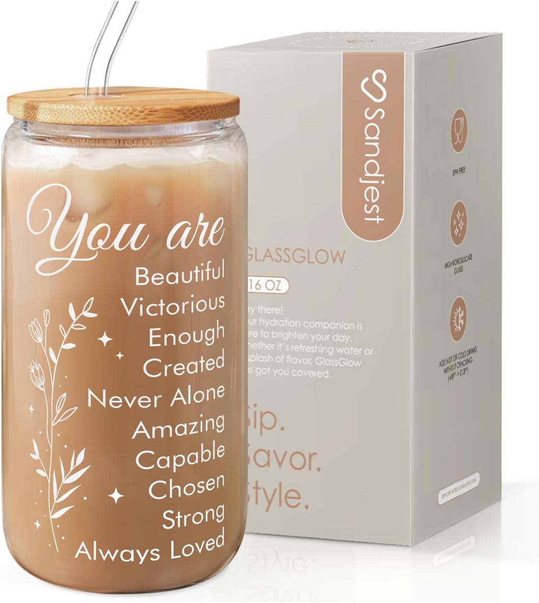 SANDJEST Inspiration Glass Can, Positive Motivational Cup with Lid & Straw, Iced Coffee Aesthetic Cups, Idea Gift for Christmas Birthday Mother Day, Gifts for Women, 16oz
