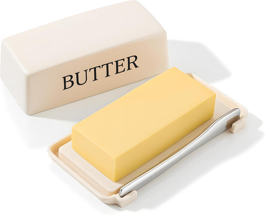 Butter Holder With Lid And Knife,Food Grade Plastic Butter Dish For Countertop,Large Butter Storage Container With Cover,White