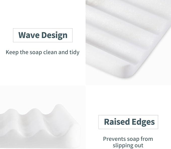 Soap Dish, Marble Soap Holder for Shower, Bar Soap Holder with Water Ripple Design, Easy Cleaning Soap Saver for Kitchen Sink，Bathroom, Executive African Natural Stone Soap Tray(Namib Bianco)