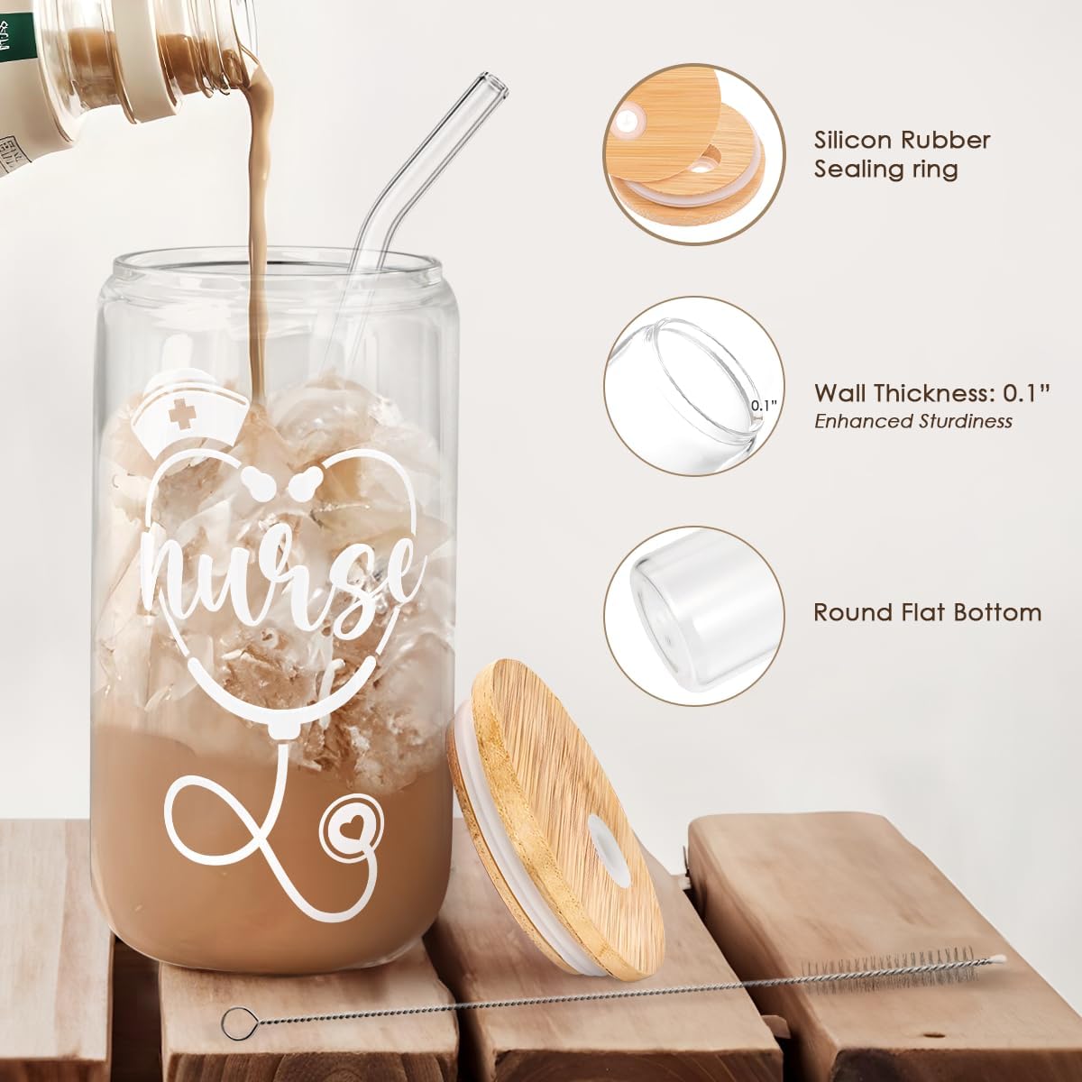 SANDJEST Nurse Glass Can, Nutrition Facts Cup with Lid & Straw, Iced Coffee Aesthetic Cups, Idea Gift for Christmas Birthday Nurse Week, Gifts for Women, 16oz