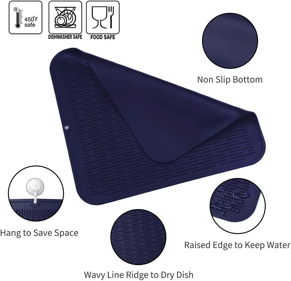 Silicone Dish Drying Mat for Multiple Usage,Easy clean,Eco-friendly,Heat-resistant Silicone Mat for Kitchen Counter or Sink,Refrigerator or Drawer Liner Navy Blue 2XL 24 inches x 18 inches