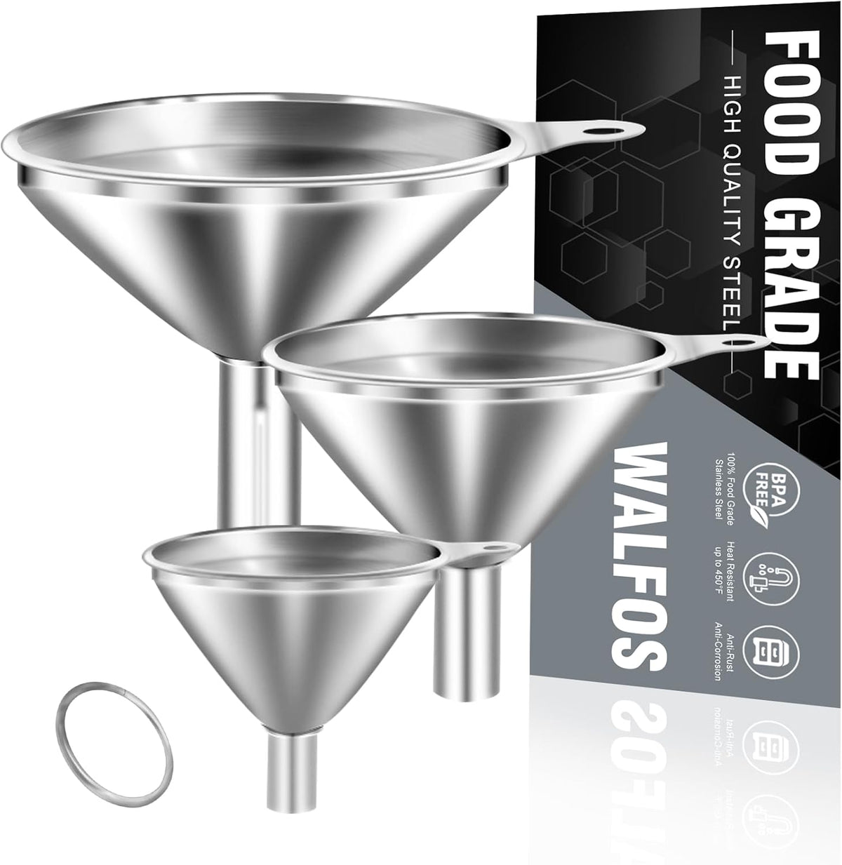 WALFOS Mini Stainless Steel Funnels, Multi-use Small Kitchen Funnel Set, for Transferring Liquid, Fluid, Essential Oils, Powder,Tiny Spices,Long-Lasting and Dishwasher Safe (3 in、2.2 in、1.7in)