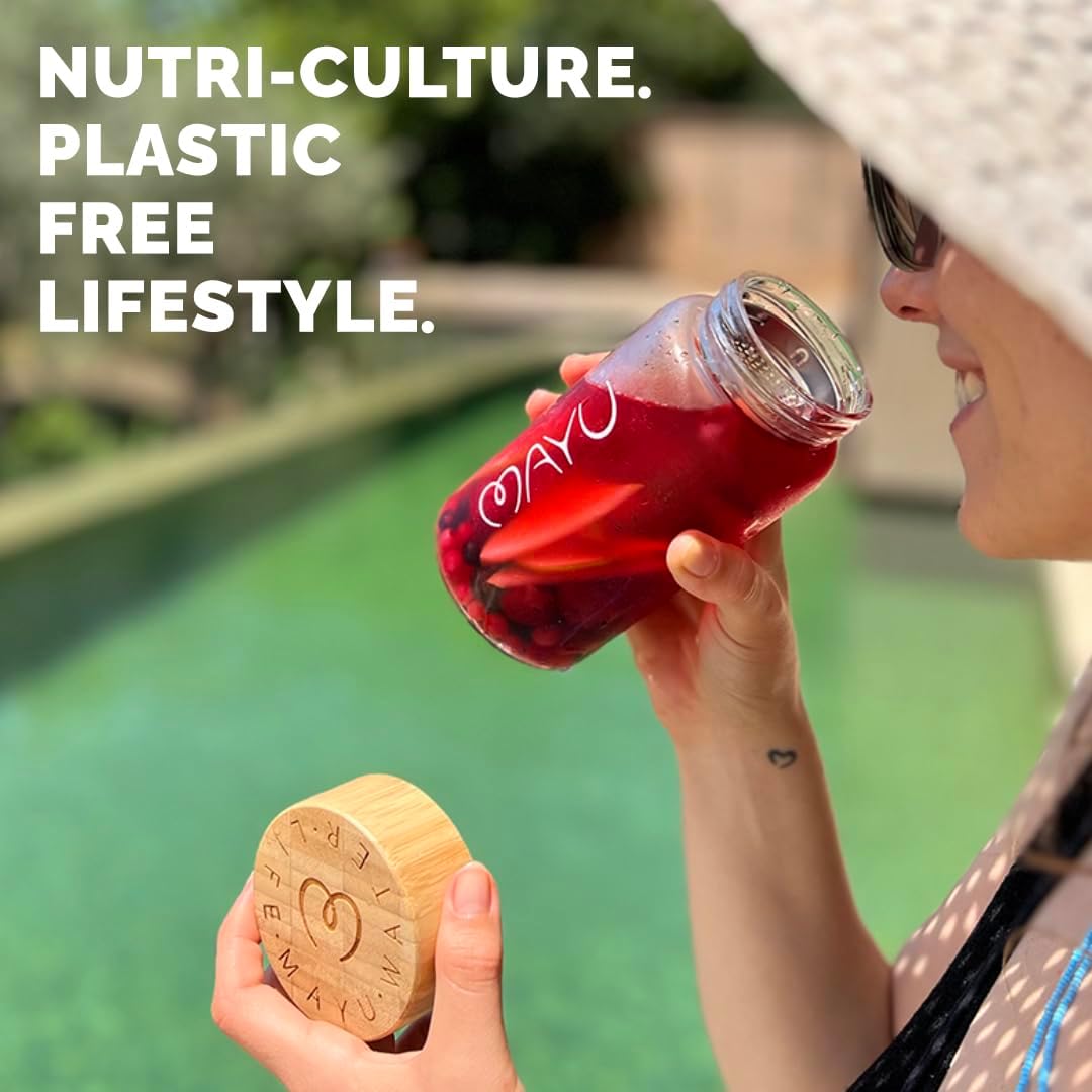 mayu Travel Water Bottle with Bamboo Lid - Borosilicate Glass Eco Friendly BPA Free | Adult and Kids Bottles with Cap - Leak Free Design - Non Toxic Reusable Hydration for Everyday Use | 0.5L, 17OZ
