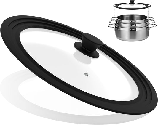 Universal Lid for Pots, Pans and Skillets Vented Tempered Glass with Heat Resistant Silicone Rim, Fits 6 inch, 7 inch, 8 inch Cookware, Replacement Lid, Black