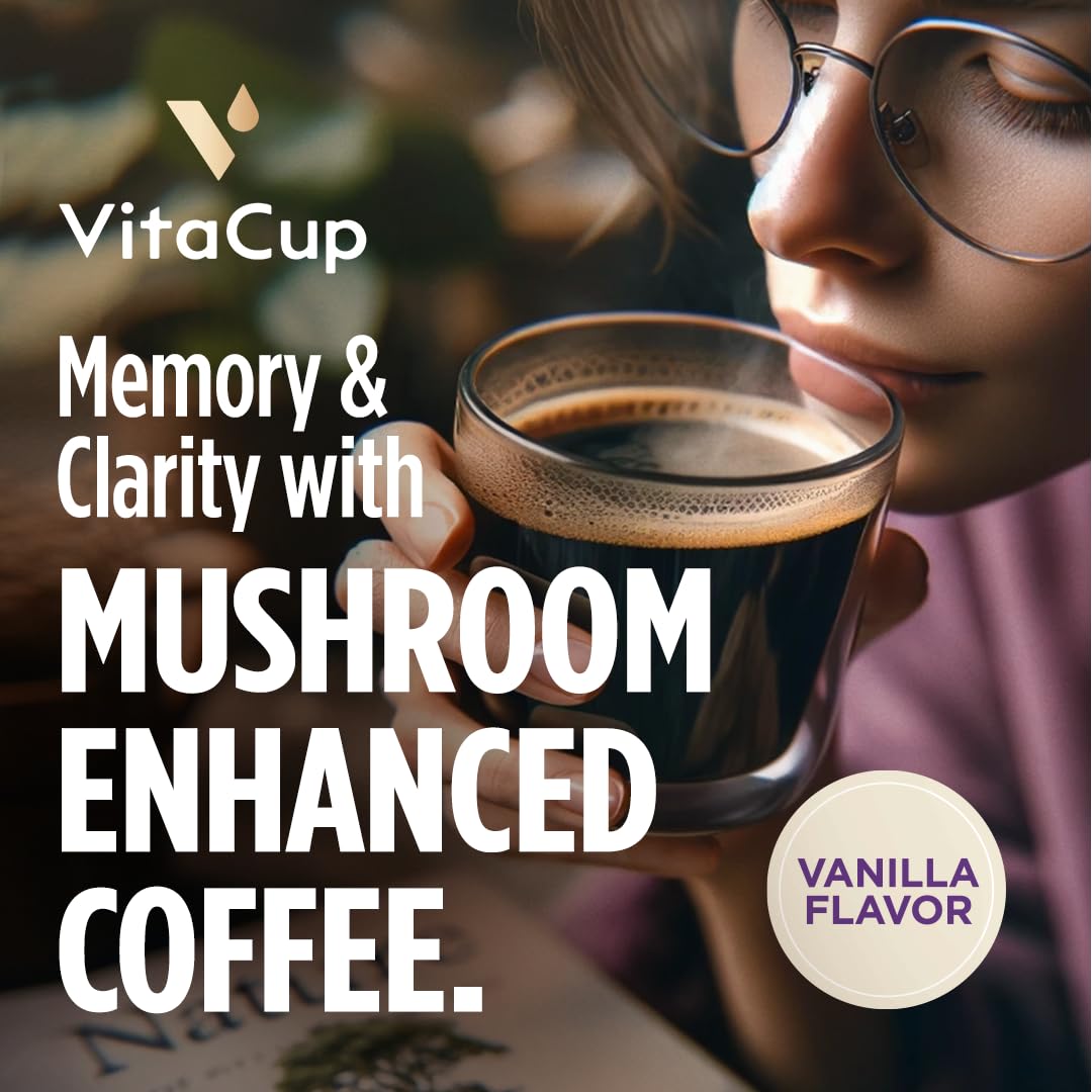VitaCup Focus Mushroom Coffee Pods, Vanilla Flavored Coffee with Chaga, Lion’s Mane, Vitamins, Medium Dark Roast Arabica Beans, Recyclable Single Serve Pods Compatible with Keurig K-Cup Brewers, 16 Ct