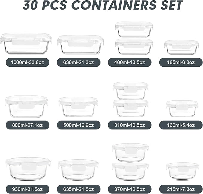 VERONES 30 Pieces Glass Meal Prep Containers Set, Stackable Glass Food Storage Containers with Lids-Airtight Lunch Containers，for Microwave, Oven, Freezer & Dishwasher,White