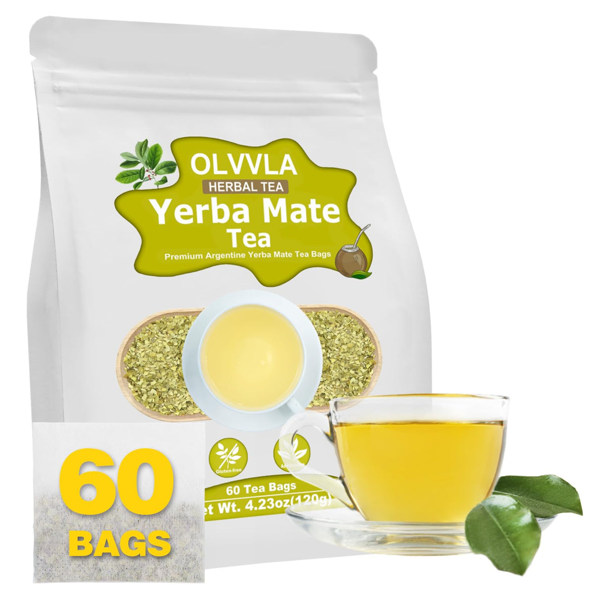 Olvvla - Premium Yerba Mate Tea - 60 Count - 100% Natural Argentine Yerba Mate Tea Bag - Unsmoked Pure Yerba mate - Medium-Caffeine Energy Tea