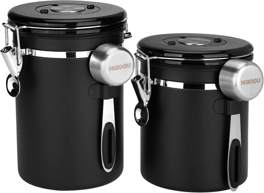 HAIOOU Airtight Coffee Canister, 22OZ +16OZ 2 Piece Stainless Steel Coffee Bean Storage Container with Date Tracker, Measuring Scoop, CO2 Releasing Valves, Mini Tongs for Coffee Bean, Grounds - Black