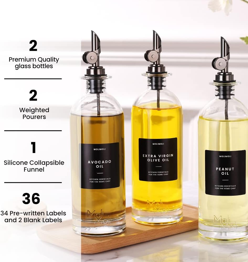 Molimoli Oil and Vinegar Dispenser with Metal Pour Spout, Weighted Pourer, Glass Bottle Dispenser for Kitchen, Olive Oil Cruet, Glass Olive Oil Bottle | 500ml, Set of 2