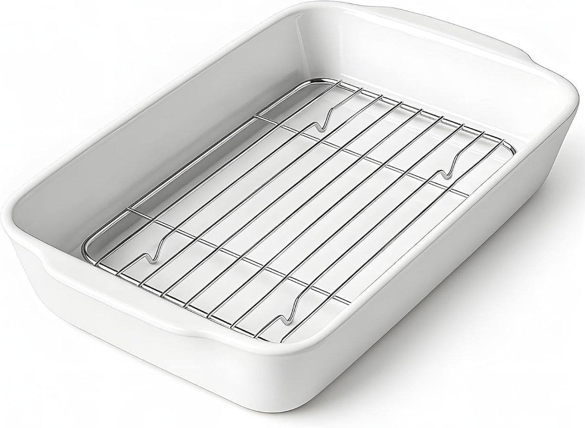 2 QT Small Ceramic Baking Dish, White Casserole Dish with Roasting Racks, Lasagna Pan for Oven, Ceramic Baking Pan, Kitchen Decor, Microwave Oven Safe, Dinner, Wedding (7.6" x 12.3")