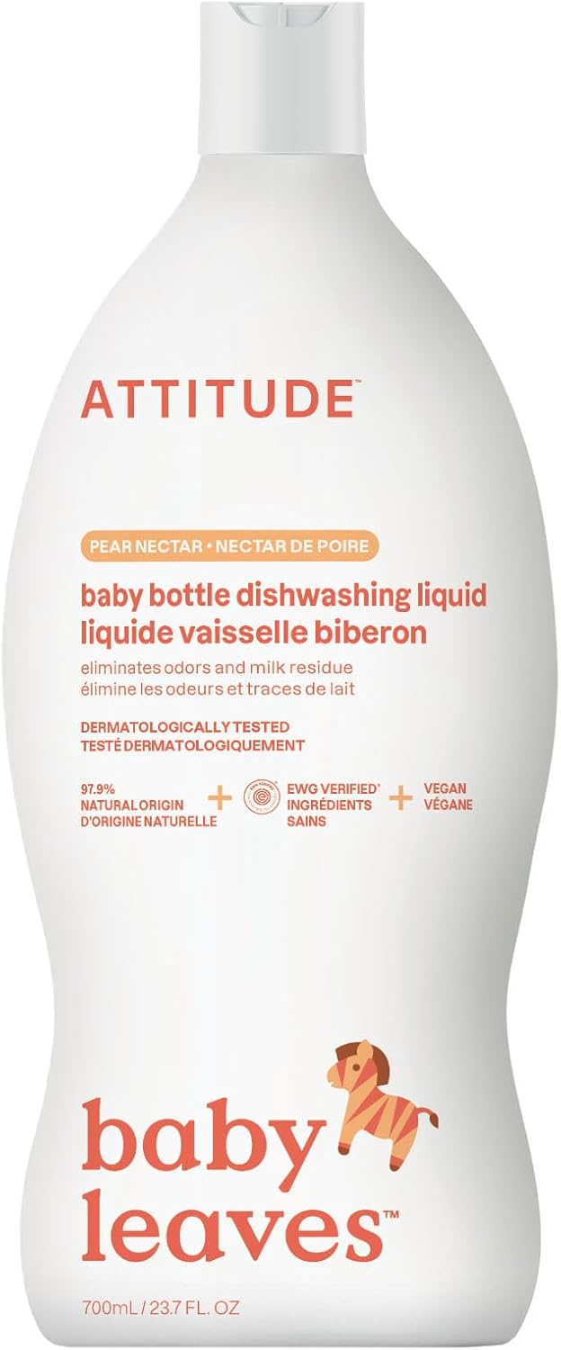 ATTITUDE Baby Dish Soap and Bottle Cleaner, EWG Verified Dishwashing Liquid, No Added Dyes or Fragrances, Tough on Milk Residue and Grease, Vegan, Pear Nectar, 23.7 Fl Oz