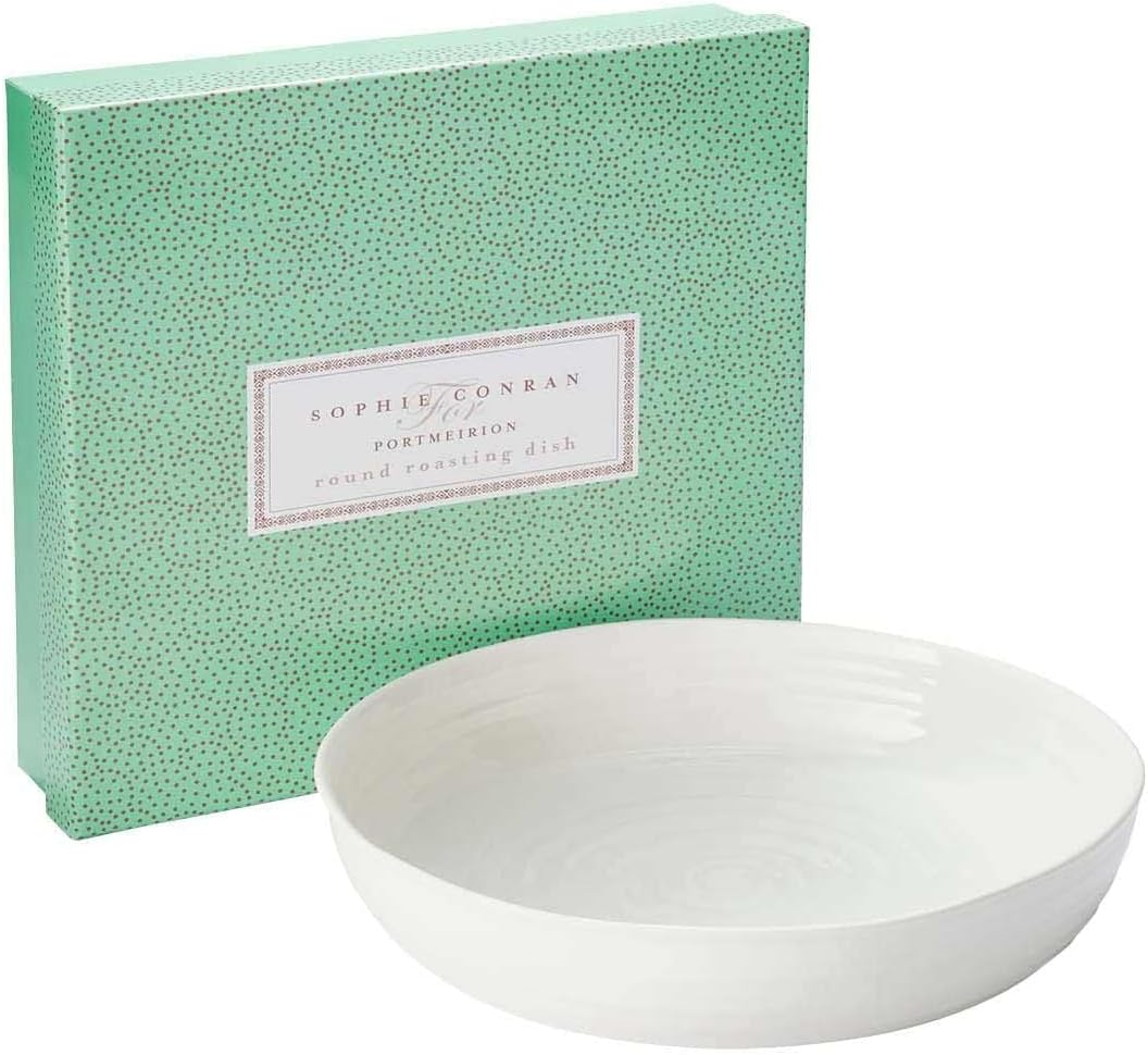 Portmeirion Sophie Conran 11" Round Roasting Dish, Porcelain Casserole Baking Dish, Dishwasher, Microwave, Freezer, Oven Safe, Versatile Cookware for Roasting, Baking, and Serving (White)