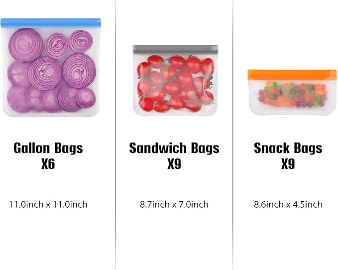 Lerine 6 Pack Reusable Gallon Freezer Bags Dishwasher Safe, BPA Free Reusable Freezer Bags 1 Gallon, Extra Thick Leakproof Food Storage Bags for Marinate Meats, Cereal, Veggies,Fruits