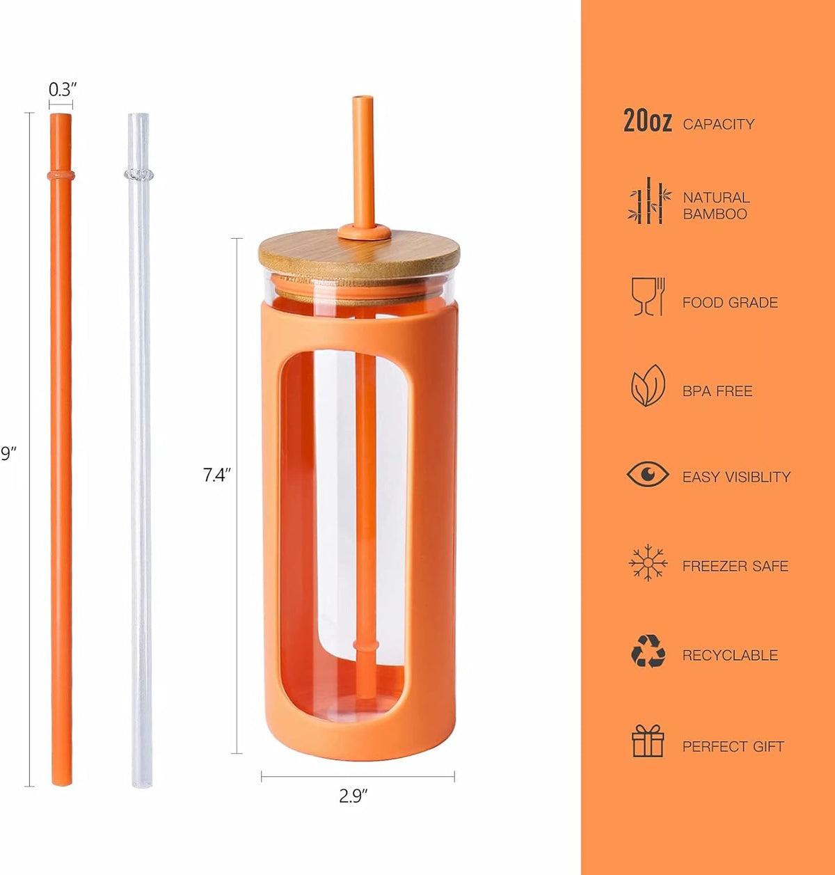 Kodrine 20oz Glass Water Tumbler with Straw and Lid, Bamboo Lids Water Bottle, Iced Coffee Cup Reusable, Wide Mouth Smoothie Cups with Protective Silicone Sleeve BPA FREE-Orange