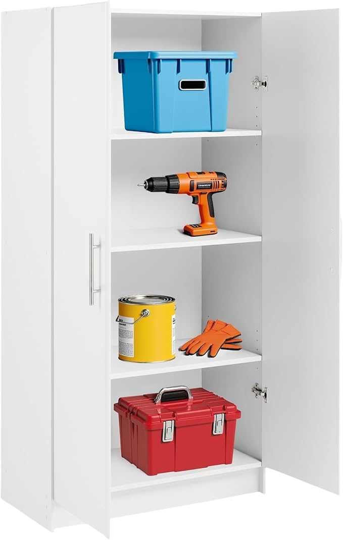 Prepac Elite Tall Garage Storage Cabinet & Pantry Storage Cupboard, 2-Door Freestanding Bathroom or Pantry Cabinet with Adjustable Shelves, 16" D x 32" W x 65" H, White