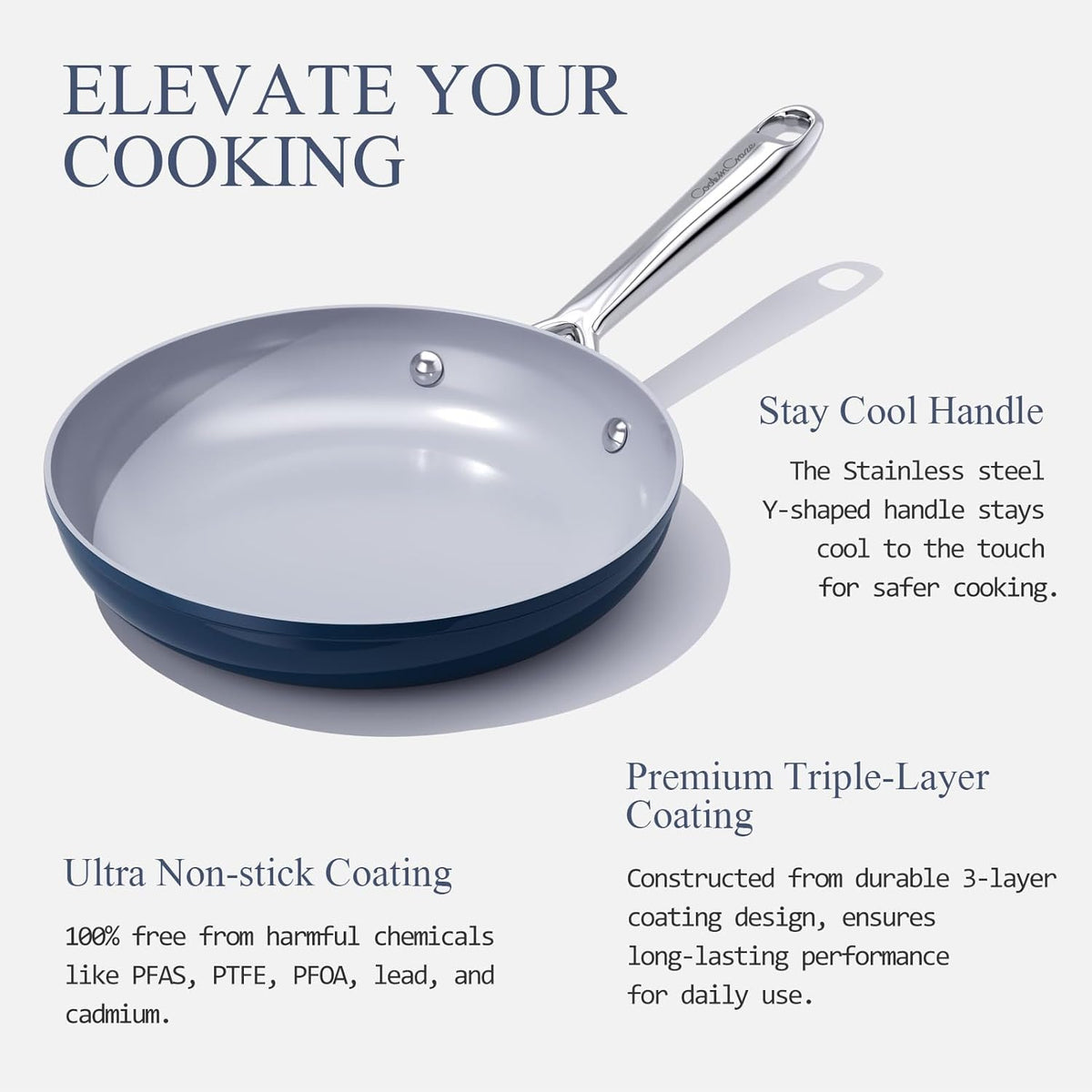 Nonstick Ceramic Frying Pan 10 Inch for Induction Cooktop - Non Toxic, PTFE/PFOA/PFAS Free, Oven & Dishwasher Safe up to 500°F - Non Stick Small Skillet with Stay-Cool Handle - Navy Blue