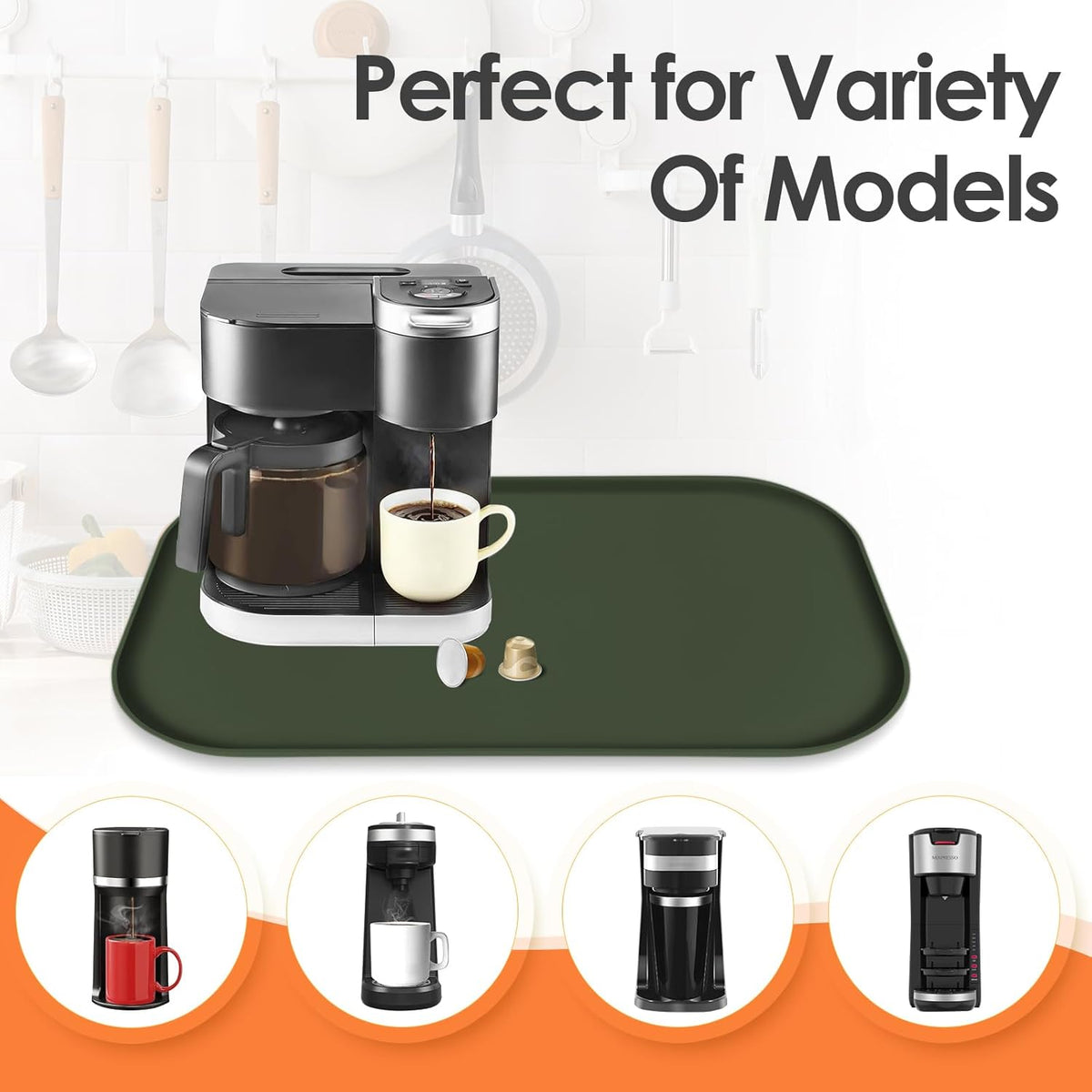 Silicone Coffee Maker Mat with Lip, 24'' x 16'' Heavy Duty Coffee Maker Mat for Countertops, Coffee Tray Fit Under Coffee Machine Appliance Automatic Machines Espresso Accessory, Dark Olive