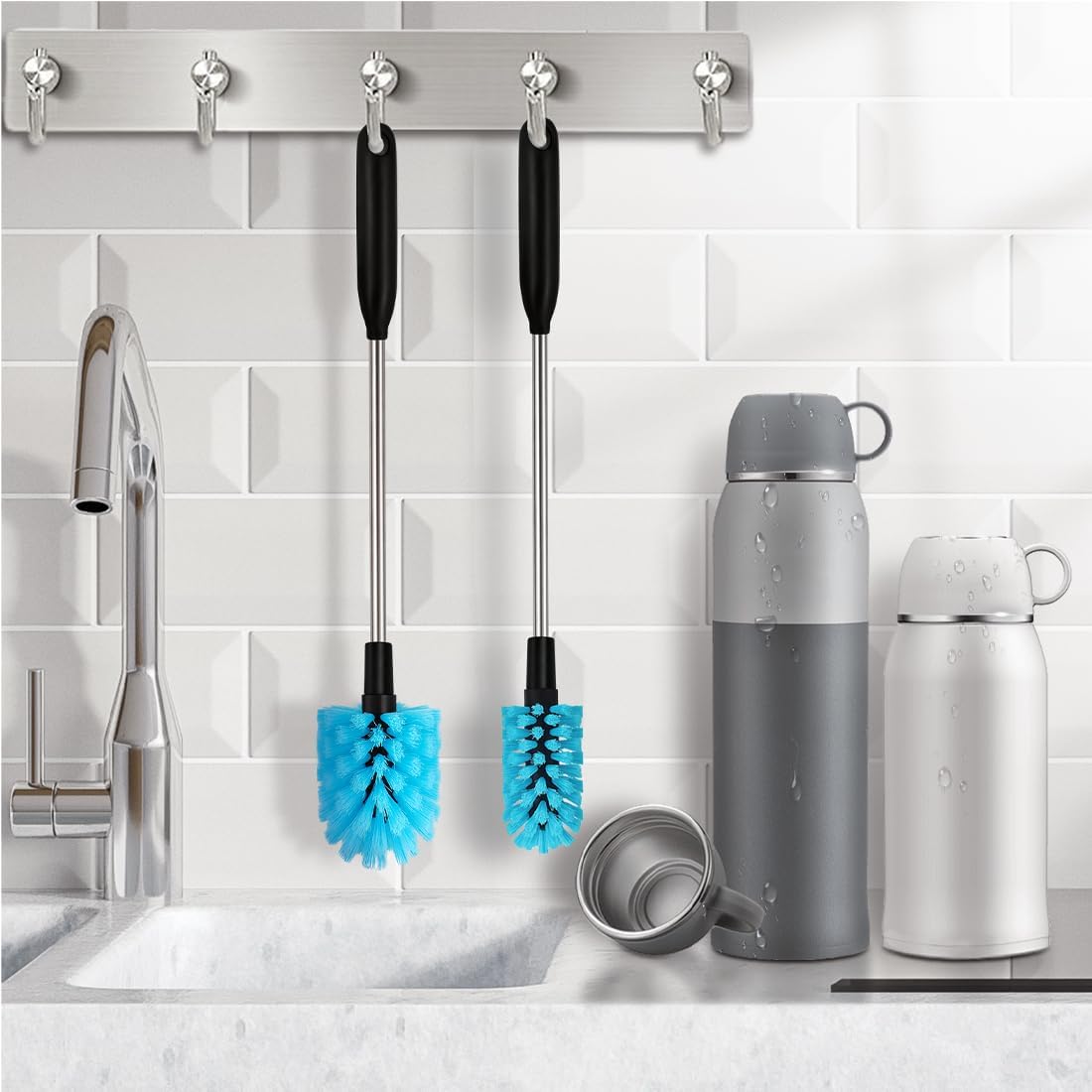 2-in-1 Stainless Steel Long Handled Water Bottle Brush, Multi-Purpose Bottle Scrubbing Brush, Soft Bottle Brush, Glassware Brush, Water Bottle Cleaner with Removable and Replaceable Brush Heads 15 in