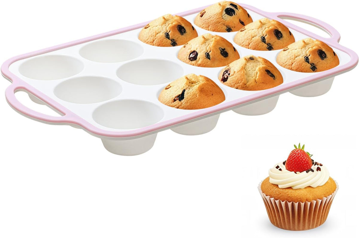 Silicone Muffin Pans for Baking 1 Pack, 2.6 Inch with Metal Reinforced Frame, Regular Size Nonstick Silicone Cupcake Pan for Baking Homemade Muffins, Cupcakes, Dishwasher Safe BPA Free-Pink