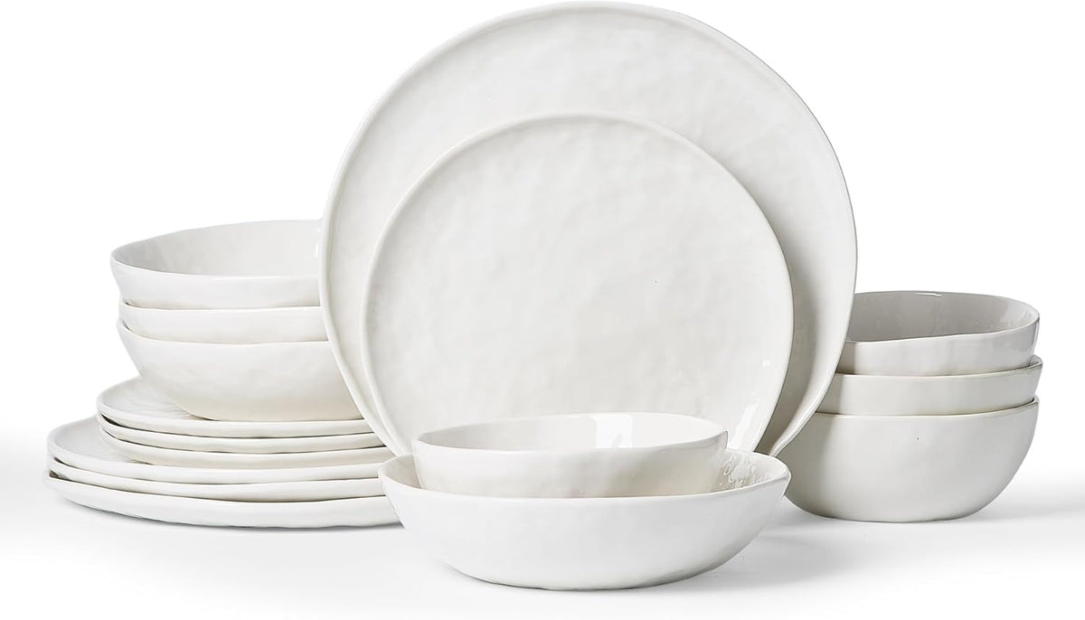 Famiware Porcelain kitchen plates and bowls set, Modern dishes set for 4, Handmade Wave Edge Dinnerware Sets, Microwave and Dishwasher Safe Tableware, Polar White (16pc)