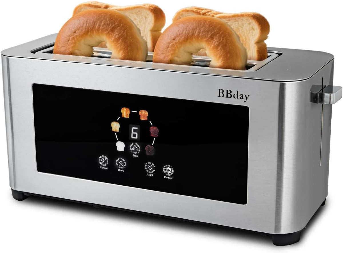 Toaster 4 slice with Touch Screen LCD Display, Extra Long Wide Slots Toaste, Smart Toaster with 6 Browning Levels, Defrost, Reheat & Removable Tray, Stainless Steel