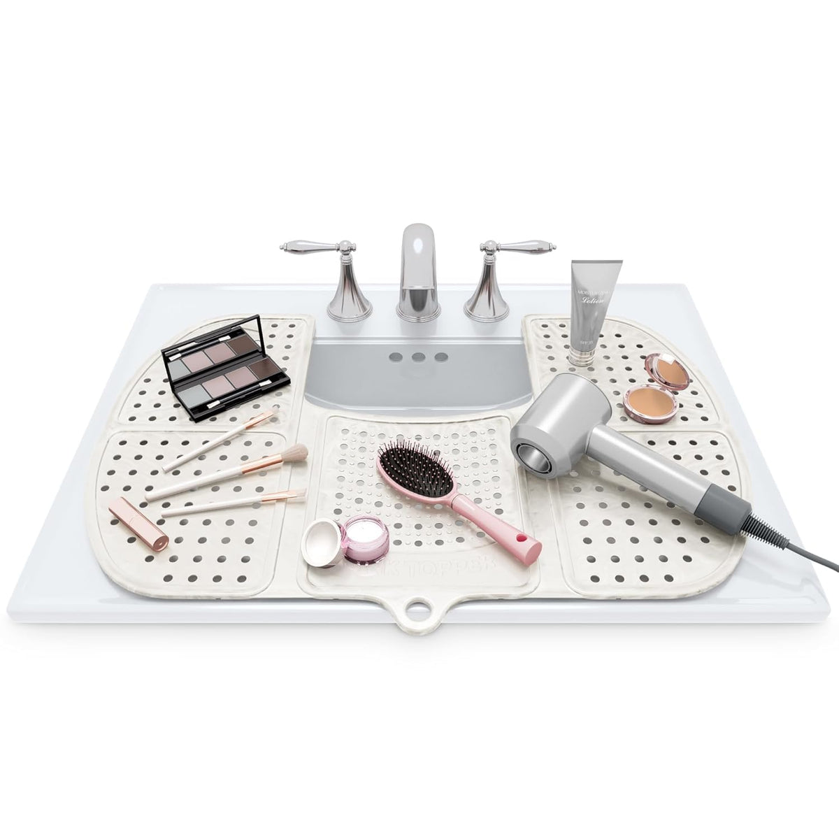 Sink Topper Bathroom Counter Cover & Storage Saver, Foldable Silicone Mat for Hot Tools, Hair Styling & Makeup, Beauty Brush Cleaning Mat, RV Camper Sink Cover & for Small Spaces (Large Pearl)
