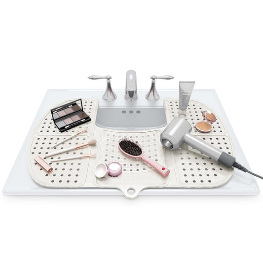 Sink Topper Bathroom Counter Cover & Storage Saver, Foldable Silicone Mat for Hot Tools, Hair Styling & Makeup, Beauty Brush Cleaning Mat, RV Camper Sink Cover & for Small Spaces (Large Pearl)