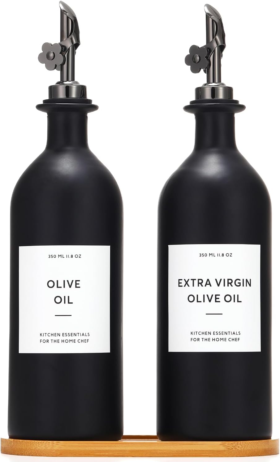 HOMCDALY Olive Oil Dispenser for Kitchen, 16oz Glass Oil Bottles with Bamboo Tray, Black Oil&Vinegar Cruet Set, Kitchen Dispenser Bottles with Pourer | Set of 2 (16oz – Black)