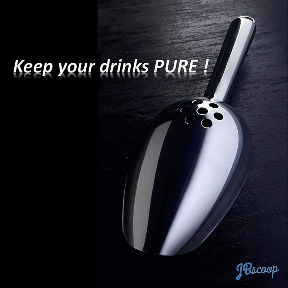 JBscoop Ice Scoop with Holes. Stainless Steel Ice Scoop with Drain Holes to Reduce Unwanted Dilution. Heavy Duty and Dishwasher Safe. Six Ounce Capacity.
