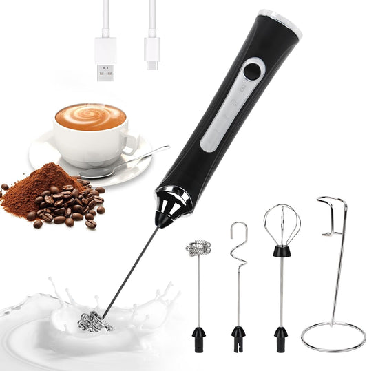 Rechargeable Milk Frother with Stand - 3 Speed Adjustable Electric Whisk, 3 Detachable Stainless Steel Heads for Latte, Cappuccino, Matcha, Egg(Black)