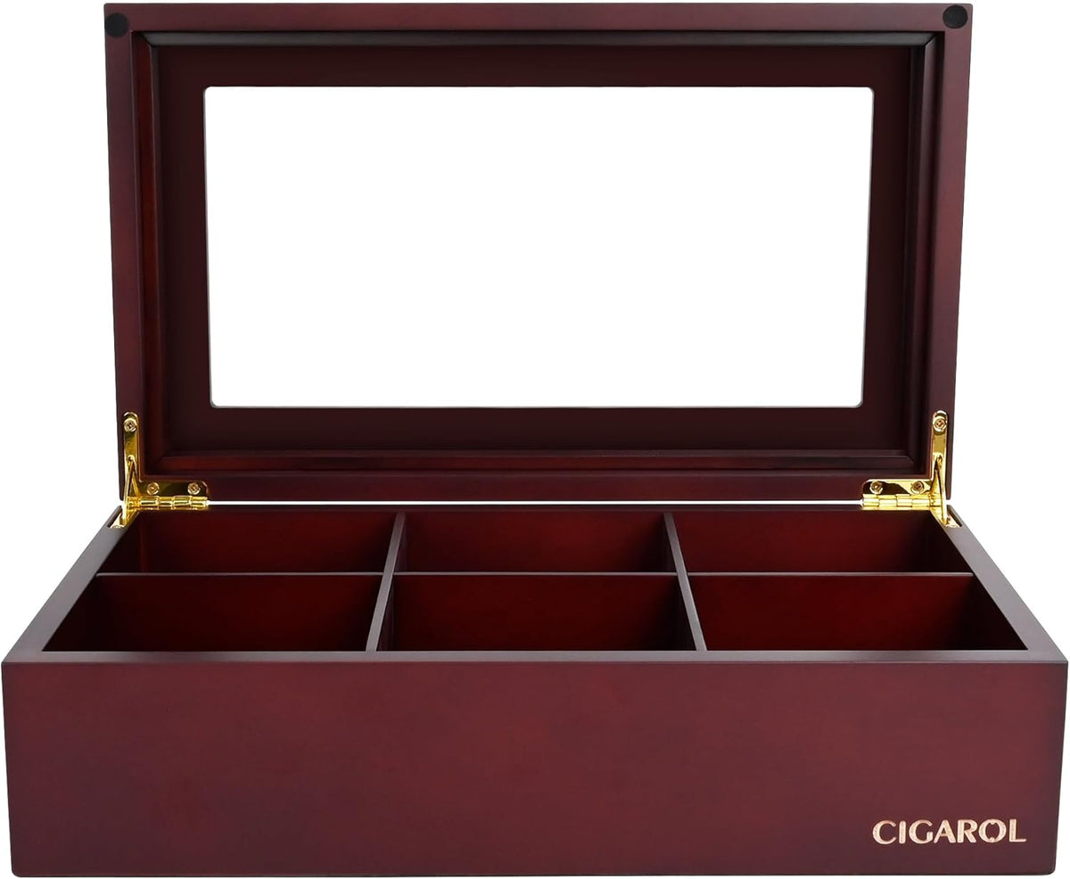 CIGAROL Luxury Wooden Tea Box Organizer – 6 Compartment Storage Chest with Scratch-Resistant Glass Lid – Ideal for Tea Bags, Coffee Pods, Spices, or Office Supplies