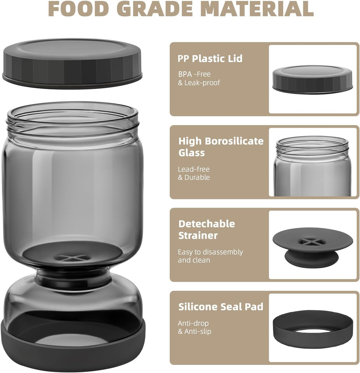 Luvan Pickle Jar with Strainer Flip, 34oz Pickle Container with Strainer, Upside Down Pickle Flip Jar,Glass Pickle Holder with Leakproof Airtight Lid, Hourglass Pickle Storage for Olive,Jalapeno-Grey