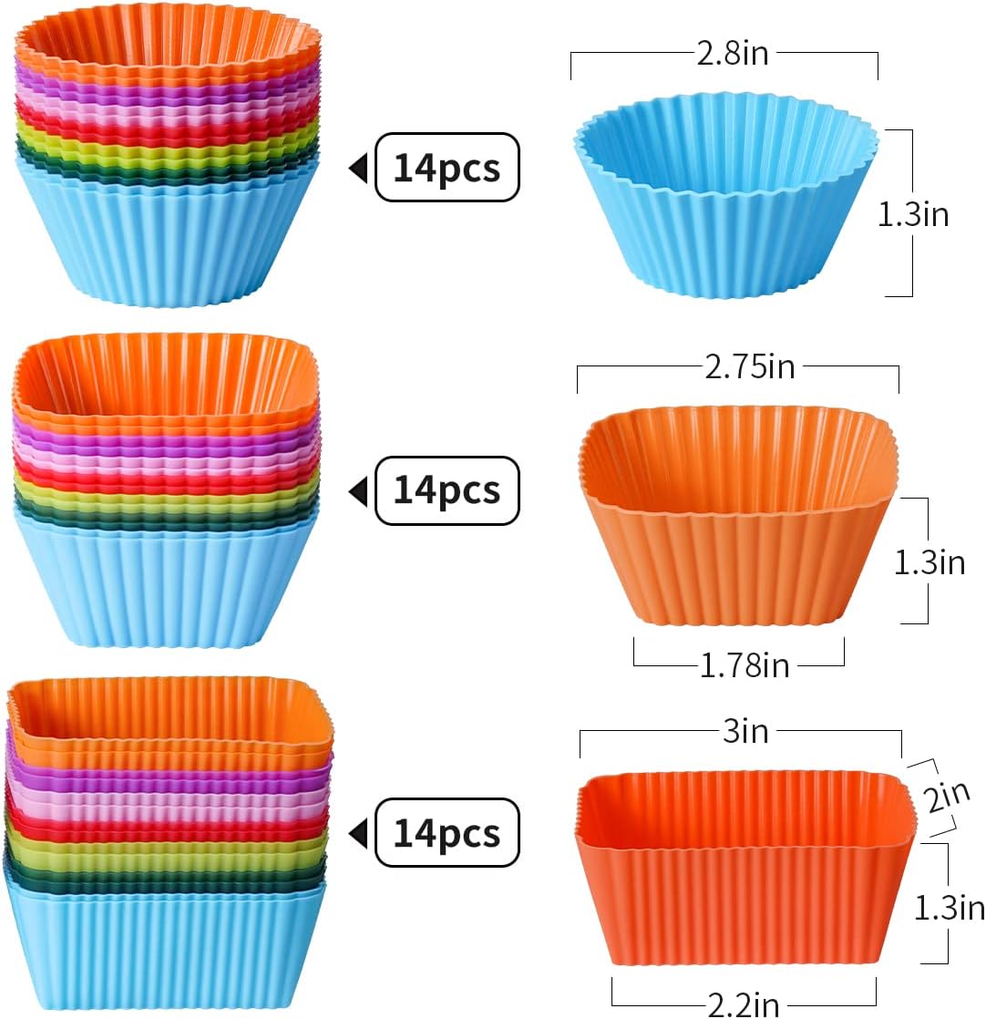 Silicone Bento Lunch Box Dividers 3 Shapes of Standard Round & Square & Rectangle - Reusable Silicone Cupcake Liners Non-Stick Muffin Cups for Baking