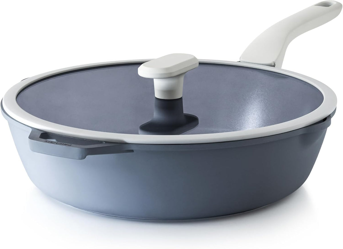 Ceramic Nonstick Deep Saute Pan with Lid, 12 Inch/4.8 QT Non Toxic Pans with Double Pour Spout, Helper Handle and Lid, Metal Utennsil Safe, Dishwasher Safe, (Gray)