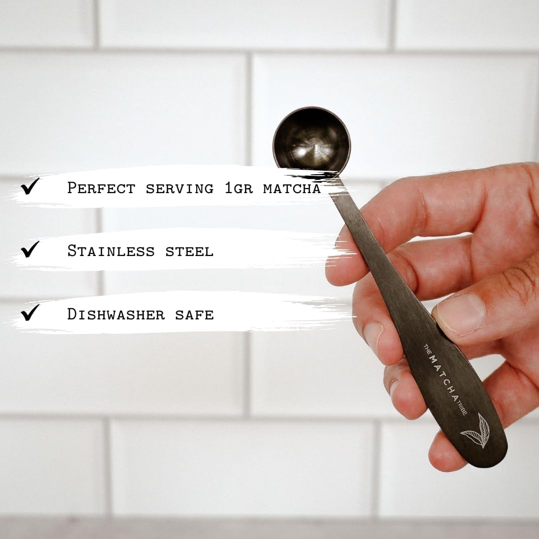 Black Matte Stainless Steel 1 gram Matcha Measuring Spoon (1/2 teaspoon). Scoop your Matcha with Precision for Perfect Matcha Lattes.