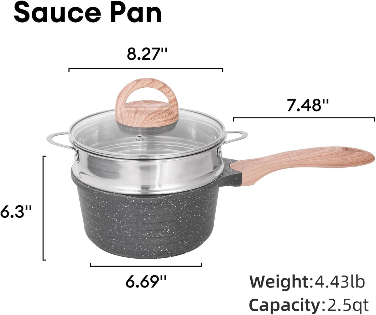 JEETEE 2.5 Quart Saucepan with Steamer Basket, Small Sauce Pot with Lid，Nonstick Coating with Pour Spout, Induction Compatible Cookware Sauce Pan for Cooking, PFOA/PFOS Free